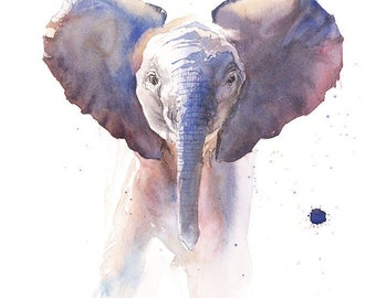 Baby Elephant Watercolor Print - Animal Decor, Nursery Wall Art