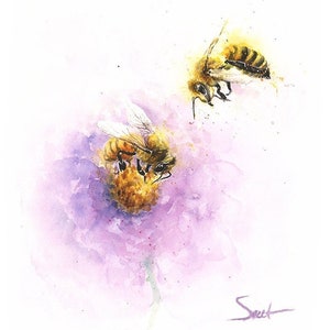 Watercolor honeybees wall art - bee painting, nature wildlife art, bee wall decor, summer garden print, bee lover gift, beekeeper gift
