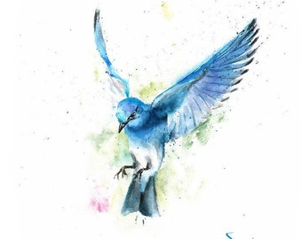 Mountain Bluebird Aquarell Druck - Blauer Vogel Wandkunst