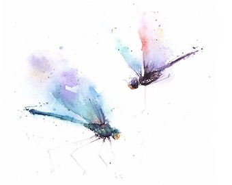Watercolor Dragonfly Print - Insect Wall Art, Garden Decor