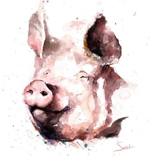 Whimsical Watercolor Pink Pig Painting Art Print by Eric Sweet