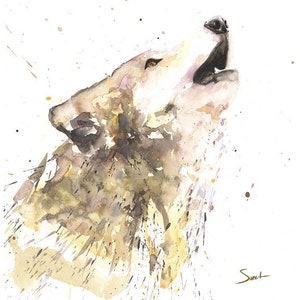 May include: A watercolor painting of a wolf howling at the moon. The wolf is painted in shades of brown, gray, and white, with a splash of yellow in the fur. The background is a white canvas with brown and yellow splatters of paint.
