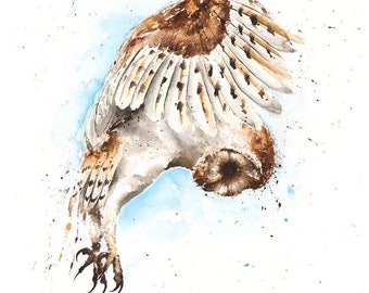Flying Barn Owl Art Print Watercolor Painting Wall Decor by Eric Sweet