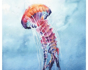 Jellyfish Colorful Watercolor Painting Art Print by Eric Sweet