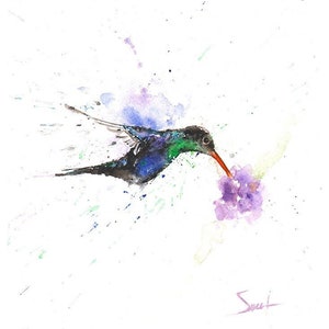 Watercolor hummingbird in flight art print, colorful hummingbird wall decor, bird lover gift, vibrant floral bird painting, hummingbird gift