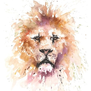 May include: A watercolor painting of a lion's face with a brown, orange, and pink mane. The lion's face is in focus, and the background is blurred. The painting is signed 'Sweet' in the bottom left corner.