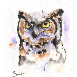 Watercolor great horned owl print, owl painting, nocturnal bird art, bird decor, bird lover gift, nature wall art, original bird painting