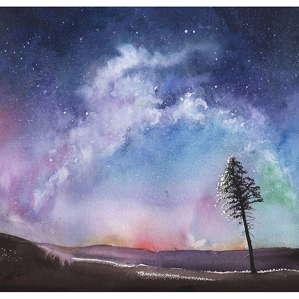 Impression d'art aquarelle ciel nocturne peinture voie lactée par Eric Sweet