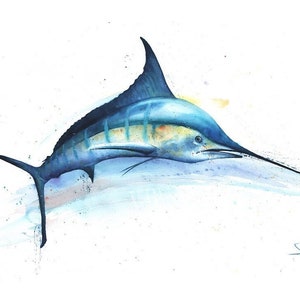 Watercolor blue marlin wall art - fishing decor, marlin painting, coastal ocean decor, sport fishing decor, nautical wall art
