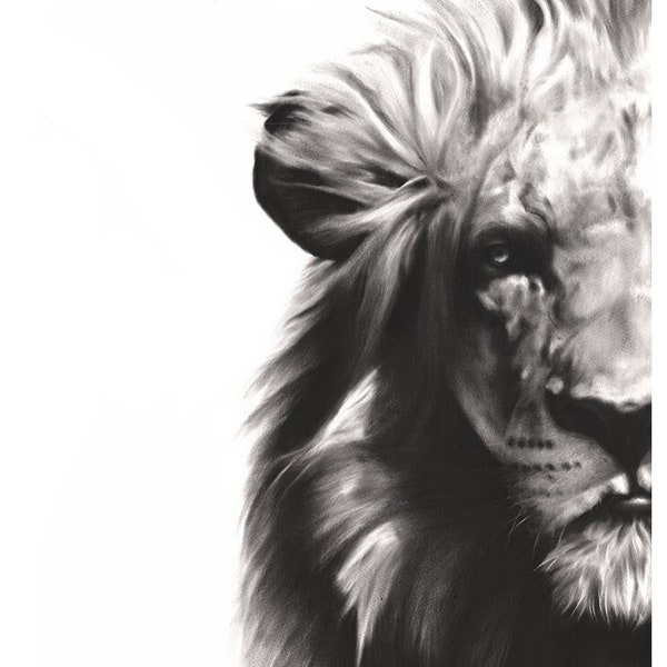 Lion Wall Art - Black and White Wildlife Painting, Modern Animal Decor