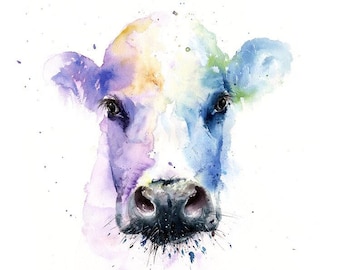 Cow Art Print Watercolor Painting Colorful Animal Decor by Eric Sweet