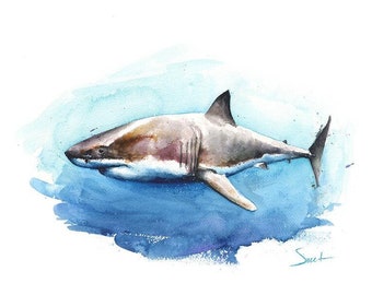 Shark Wall Art Watercolor Painting Art Print Shark Gift by Eric Sweet