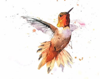 Orange Rufous Hummingbird Print Watercolor Painting Wall Art by Eric Sweet