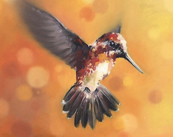 Flying Orange Hummingbird Oil Painting Art Print by Eric Sweet