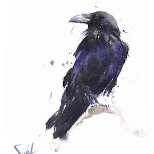 Watercolor Raven Art Print - Black Bird Wall Decor