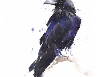 Watercolor Raven Art Print - Black Bird Wall Decor