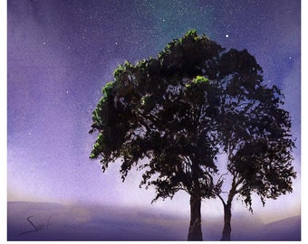 Sterrennacht aquarelprint, nachtelijke hemel schilderij, dromerig landschapsdecor