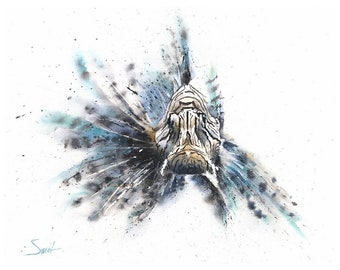 ミノカサゴの水彩画アートプリント：海の魚のイラストの壁飾り - Etsy 日本