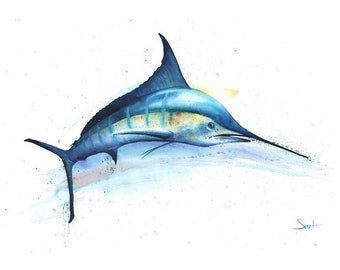 Blue Marlin Wall Art Watercolor Painting Fish Art Print by Eric Sweet