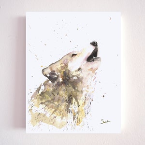 May include: Watercolor painting of a howling wolf in shades of brown, tan, and gold. The artwork features a loose, expressive style with paint splatters and a white background. The wolf's head is tilted upwards, mouth open in a howl.