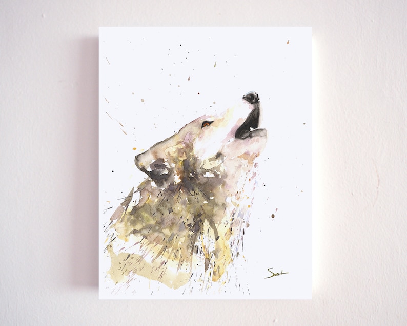 May include: Watercolor painting of a howling wolf in shades of brown, tan, and gold. The artwork features a loose, expressive style with paint splatters and a white background. The wolf's head is tilted upwards, mouth open in a howl.