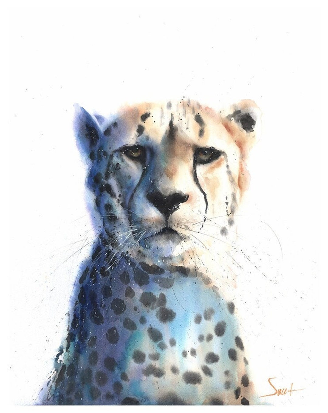 水彩画　チーター　ホワイトワトソン紙　絵画　アート　インテリア　動物の絵 紙に手描きの水彩画の2つのシマウマのアートワーク - ショップ