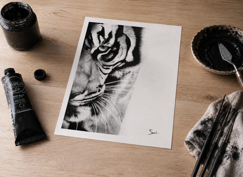 May include: A black and white charcoal drawing on paper depicting the close-up face of a tiger with detailed stripes and whiskers. The artwork features a signature in the bottom right corner and is surrounded by art supplies including black paint.