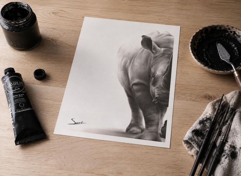May include: A black and white charcoal drawing on paper depicting a rhinoceros, positioned on the right side of the frame. The artwork features a signature in the bottom left corner and is surrounded by art supplies including paint and brushes.