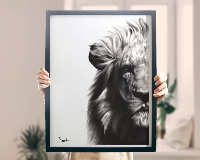 Lion Oil Painting Black and White Art Print by Eric Sweet Etsy