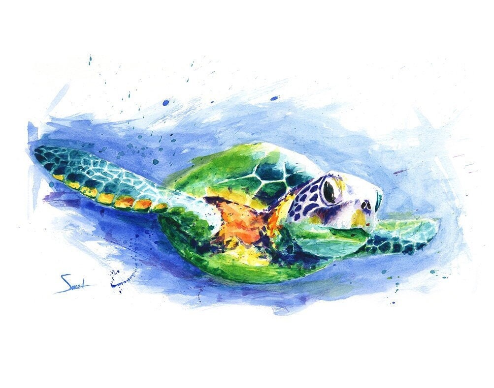 Green sea turtle print - watercolor turtle art, marine life painting, ocean turtle decor, underwater wildlife print, sea turtle lover gift
