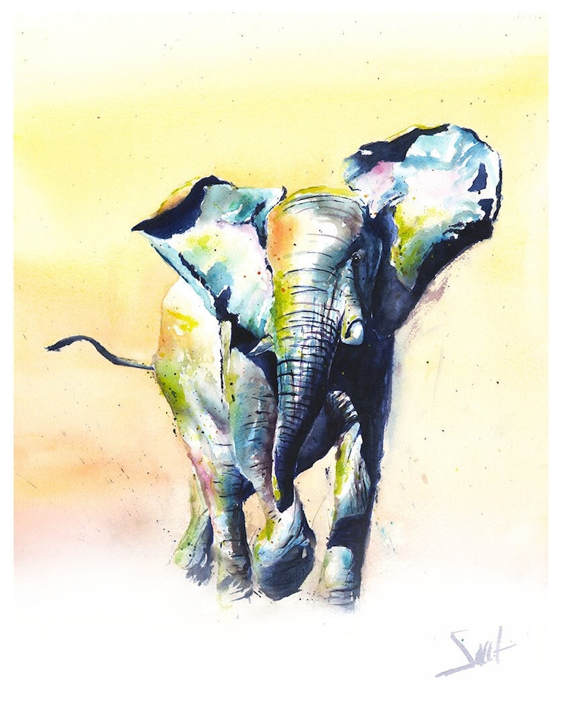 Colorful Elephant Watercolor Print - Nursery Animal Art, Wildlife Painting image 1