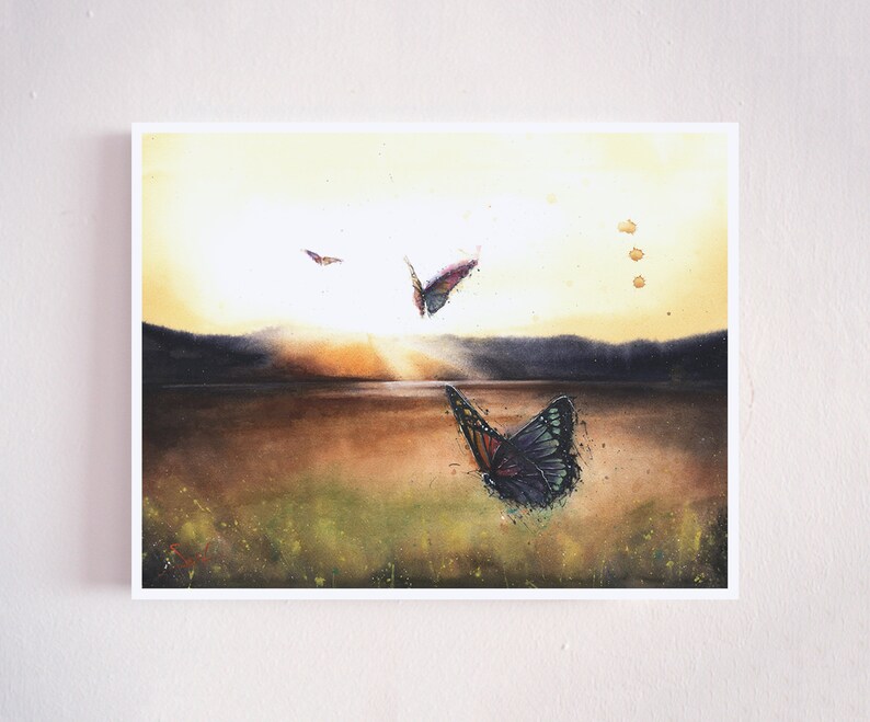 Butterfly Sunset Watercolor Print - Nature Wall Decor image 3