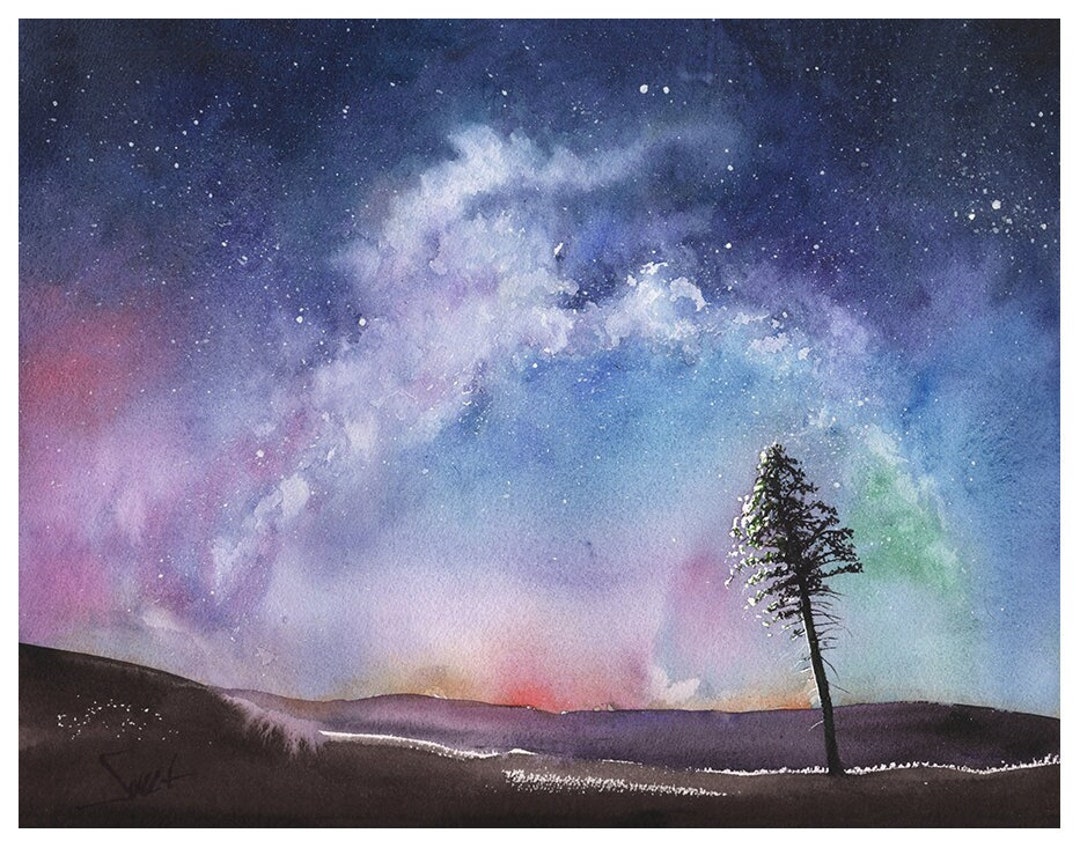 Galaxy Watercolor Print Watercolor Landscape Night Sky Art - Etsy