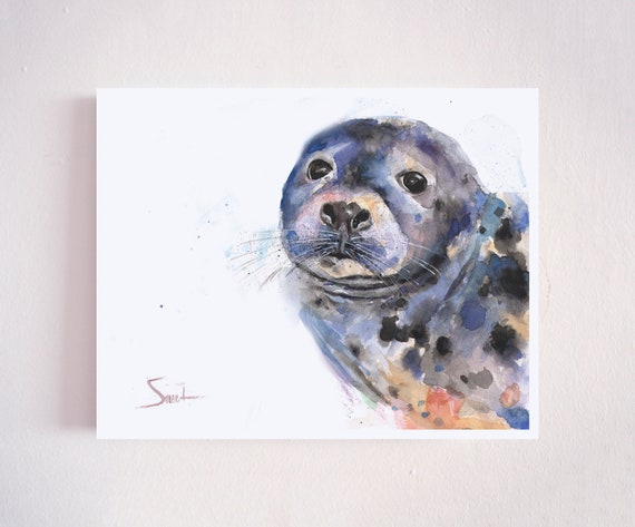 アザラシの水彩画アートプリント - 鮮やかな海の生き物の絵画 - Etsy 日本