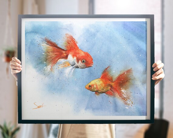 水彩画の金魚のプリント、鮮やかな魚の絵、気まぐれな水生動物の