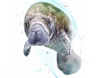 Manatee Watercolor Art Print - Sea Animal Nursery Decor