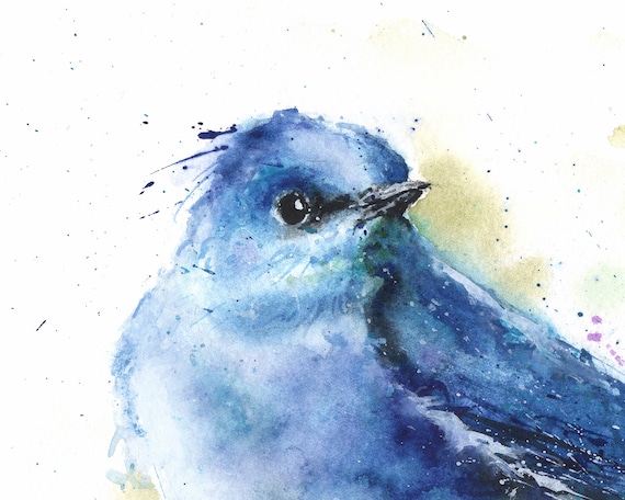 水彩画の山の青い鳥のアートプリント - 青い鳥の絵画 - Etsy 日本