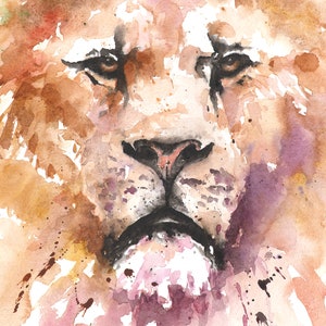 May include: A watercolor painting of a lion's face. The lion's fur is a light brown color with splashes of pink and purple paint. The lion's eyes are closed and its mouth is slightly open.