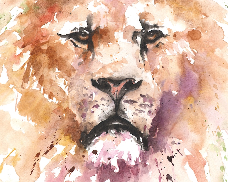May include: A watercolor painting of a lion's face. The lion's fur is a light brown color with splashes of pink and purple paint. The lion's eyes are closed and its mouth is slightly open.