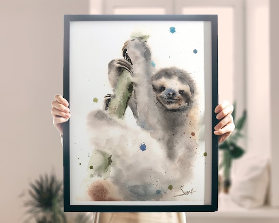 ナマケモノのプリント、水彩画のナマケモノのアート、自然動物の