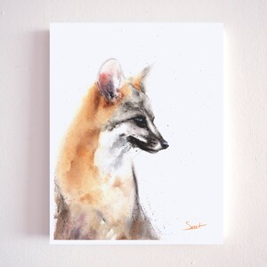 May include: Watercolor painting of a gray fox with orange fur on its neck and back. The fox is looking to the right and has a white background.