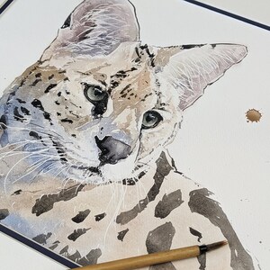 Op de afbeelding: Waterverf schilderij van een serval, een wilde kat met een gevlekte vacht, die rechtstreeks naar de kijker kijkt. Het schilderij is gemaakt in tinten bruin, grijs en wit.