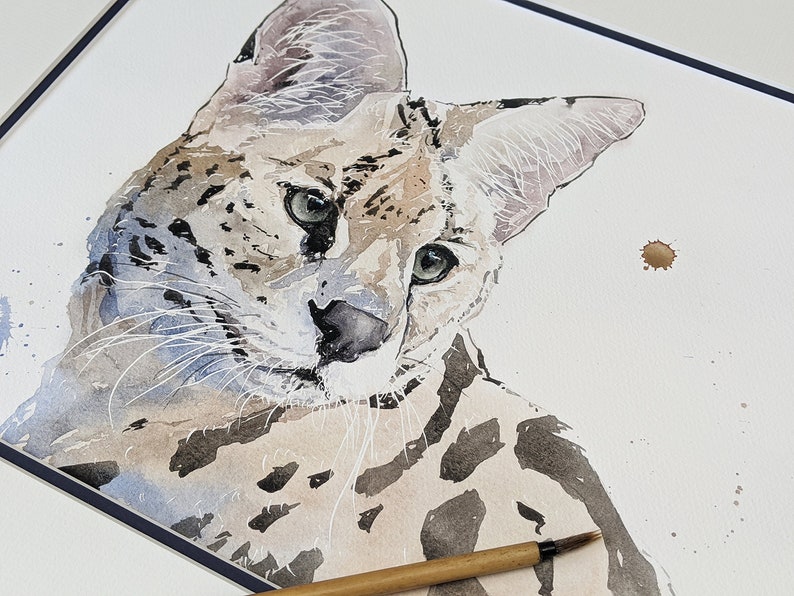 Op de afbeelding: Waterverf schilderij van een serval, een wilde kat met een gevlekte vacht, die rechtstreeks naar de kijker kijkt. Het schilderij is gemaakt in tinten bruin, grijs en wit.