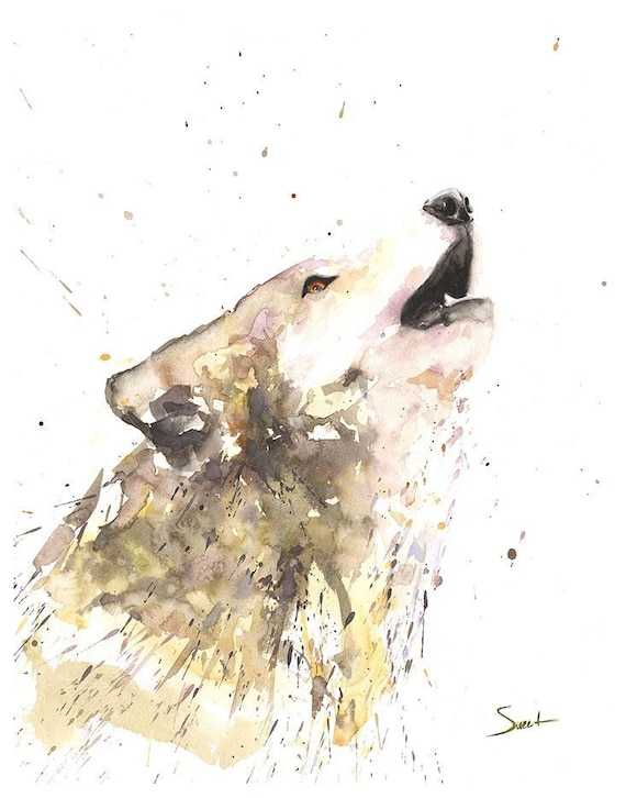 Watercolor Howling Wolf Print - Rustic Woodland Animal Art
