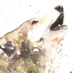 May include: Watercolor painting of a wolf howling upwards. The artwork features a palette of browns, tans, and blacks, with a splash effect. The wolf's eye is a striking orange, and the background is white.