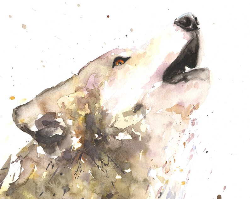 May include: Watercolor painting of a wolf howling upwards. The artwork features a palette of browns, tans, and blacks, with a splash effect. The wolf's eye is a striking orange, and the background is white.