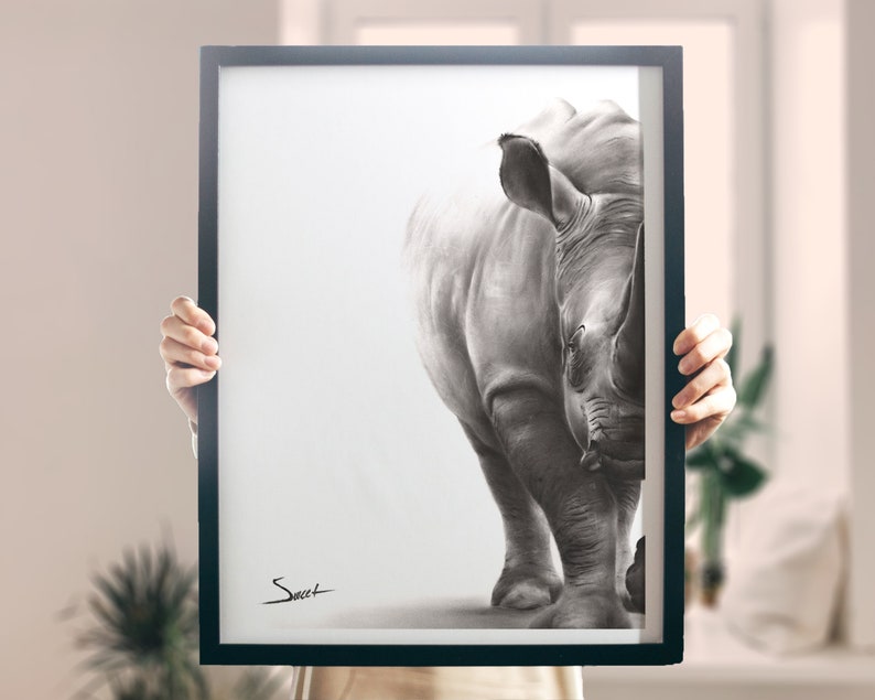 Rhino Painting Black and White Oil Art Print by Eric Sweet image 4