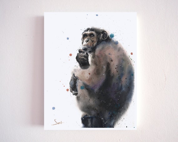 水彩画のチンパンジーのアートプリント - ストイックな動物画 - Etsy 日本