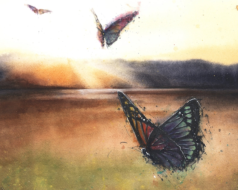 Butterfly Sunset Watercolor Print - Nature Wall Decor image 2
