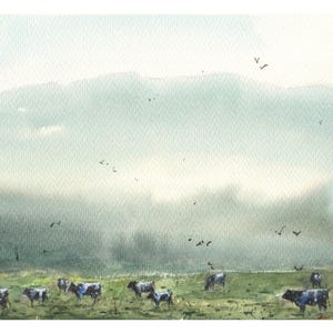Watercolor countryside landscape print, cow pasture painting, rustic country wall art, pastoral print, farmhouse decor, cows grazing art